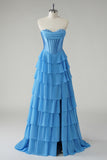 Blue A-Line Strapless Corset Ruffle Tiered Long Prom Dress with Slit