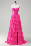 Fuchsia A Line Strapless Tiered Corset Ruffle Long Prom Dress with Slit