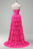 Fuchsia A Line Strapless Tiered Corset Ruffle Long Prom Dress with Slit