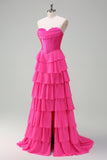 Fuchsia A Line Strapless Tiered Corset Ruffle Long Prom Dress with Slit