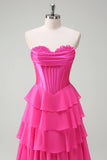 Fuchsia A Line Strapless Tiered Corset Ruffle Long Prom Dress with Slit