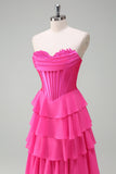 Fuchsia A Line Strapless Tiered Corset Ruffle Long Prom Dress with Slit