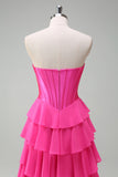 Fuchsia A Line Strapless Tiered Corset Ruffle Long Prom Dress with Slit