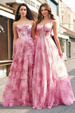 Blush Floral A-Line Strapless Ruffled Corset Printed Tiered Long Prom Dress with Slit