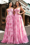 Blush A Line Strapless Corset Tiered Floral Long Prom Dress with Slit