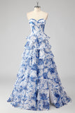 Blue A Line Strapless Print Tiered Corset Long Prom Dress with Slit