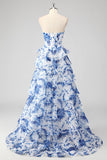 Blue A Line Strapless Print Tiered Corset Long Prom Dress with Slit