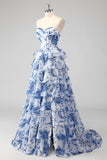 Blue A Line Strapless Print Tiered Corset Long Prom Dress with Slit