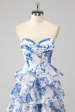 Blue A Line Strapless Print Tiered Corset Long Prom Dress with Slit