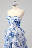 Blue A Line Strapless Print Tiered Corset Long Prom Dress with Slit