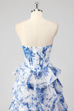 Blue A Line Strapless Print Tiered Corset Long Prom Dress with Slit