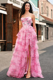 Blush A Line Strapless Corset Tiered Floral Long Prom Dress with Slit