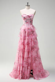 Blush Floral A-Line Strapless Ruffled Corset Printed Tiered Long Prom Dress with Slit