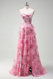 Blush A Line Strapless Corset Tiered Floral Long Prom Dress with Slit