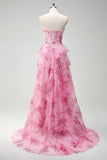 Blush A Line Strapless Corset Tiered Floral Long Prom Dress with Slit