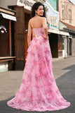 Blush A Line Strapless Corset Tiered Floral Long Prom Dress with Slit