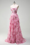 Blush Floral A-Line Strapless Ruffled Corset Printed Tiered Long Prom Dress with Slit