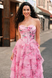 Blush A Line Strapless Corset Tiered Floral Long Prom Dress with Slit