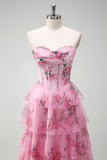 Blush Floral A-Line Strapless Ruffled Corset Printed Tiered Long Prom Dress with Slit