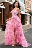 Blush A Line Strapless Corset Tiered Floral Long Prom Dress with Slit