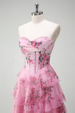 Blush Floral A-Line Strapless Ruffled Corset Printed Tiered Long Prom Dress with Slit