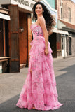 Blush A Line Strapless Corset Tiered Floral Long Prom Dress with Slit