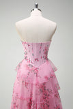 Blush Floral A-Line Strapless Ruffled Corset Printed Tiered Long Prom Dress with Slit