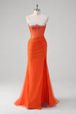 Orange Mermaid Spaghetti Straps Corset Beaded Long Prom Dress with Slit