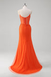 Orange Mermaid Spaghetti Straps Corset Beaded Long Prom Dress with Slit