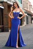 Sparkly Royal Blue Mermaid Spaghetti Straps Corset Beaded Long Prom Dress with Slit