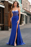 Sparkly Royal Blue Mermaid Spaghetti Straps Corset Beaded Long Prom Dress with Slit