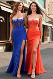 Orange Mermaid Spaghetti Straps Corset Beaded Long Prom Dress with Slit