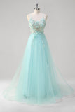 Green A-Line Spaghetti Straps Sequin Tulle Prom Dress With 3D Flowers