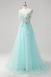 Green A-Line Spaghetti Straps Sequin Tulle Prom Dress With 3D Flowers