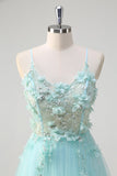 Green A-Line Spaghetti Straps Sequin Tulle Prom Dress With 3D Flowers