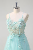 Green A-Line Spaghetti Straps Sequin Tulle Prom Dress With 3D Flowers