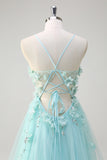 Green A-Line Spaghetti Straps Sequin Tulle Prom Dress With 3D Flowers