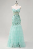 Sparkly Green Mermaid Sweetheart Corset Sequin Long Prom Dress With 3D Flowers