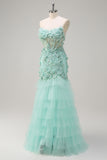 Sparkly Green Mermaid Sweetheart Corset Sequin Long Prom Dress With 3D Flowers