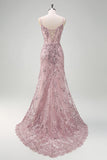 Sparkly Grey Pink Mermaid V Neck Corset Sequin Prom Dress With Lace Up Back