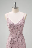 Sparkly Grey Pink Mermaid V Neck Corset Sequin Prom Dress With Lace Up Back