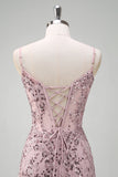 Sparkly Grey Pink Mermaid V Neck Corset Sequin Prom Dress With Lace Up Back