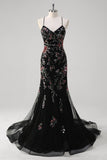 Black Mermaid Spaghetti Straps Long Prom Dress With Appliqued Sequins