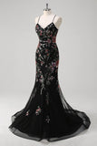 Black Mermaid Spaghetti Straps Long Prom Dress With Appliqued Sequins