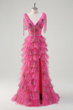 Fuchsia A Line V Neck Corset Sequin Ruched Tiered Floral Prom Dress With Slit