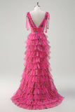 Fuchsia A Line V Neck Corset Sequin Ruched Tiered Floral Prom Dress With Slit