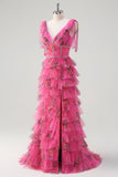 Fuchsia A Line V Neck Corset Sequin Ruched Tiered Floral Prom Dress With Slit