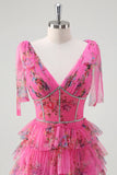 Fuchsia A Line V Neck Corset Sequin Ruched Tiered Floral Prom Dress With Slit