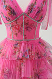 Fuchsia A Line V Neck Corset Sequin Ruched Tiered Floral Prom Dress With Slit