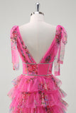 Fuchsia A Line V Neck Corset Sequin Ruched Tiered Floral Prom Dress With Slit